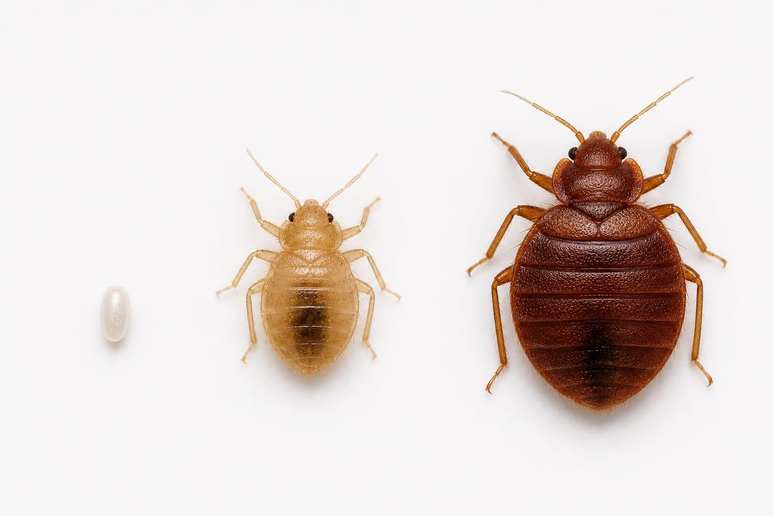 Comparação lado a lado de três fases do percevejo: ovo branco, ninfa clara translúcida e adulto castanho avermelhado.