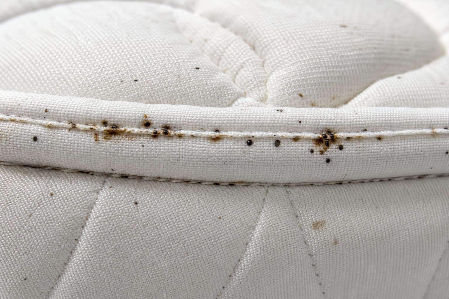 Costura de colchão branco com pequenas manchas castanhas e pontos pretos típicos de uma infestação de percevejos.